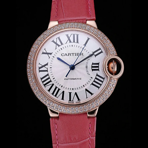 Cartier Ballon Bleu de Cartier White Dial Diamonds Case Pink Leather Bracelet new60442
