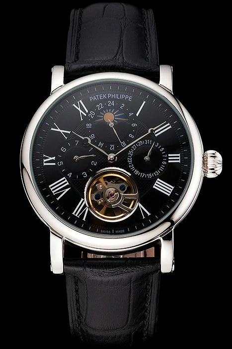 Patek Philippe Grand Complications Moonphase Perpetual Calendar Tourbillon Black Dial Stainless Steel Case Black Leather Strap new122622