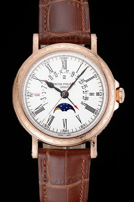 Patek Philippe Perpetual Calendar Retrograde Date White Dial Engraved Rose Gold Case Brown Leather Bracelet new125145