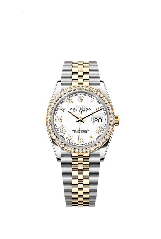 Rolex Replica Watch Datejust 36, Oystersteel and 18k Yellow Gold, Intense white Roman dial, Diamond-set bezel Jubilee, 126283RBR-0033