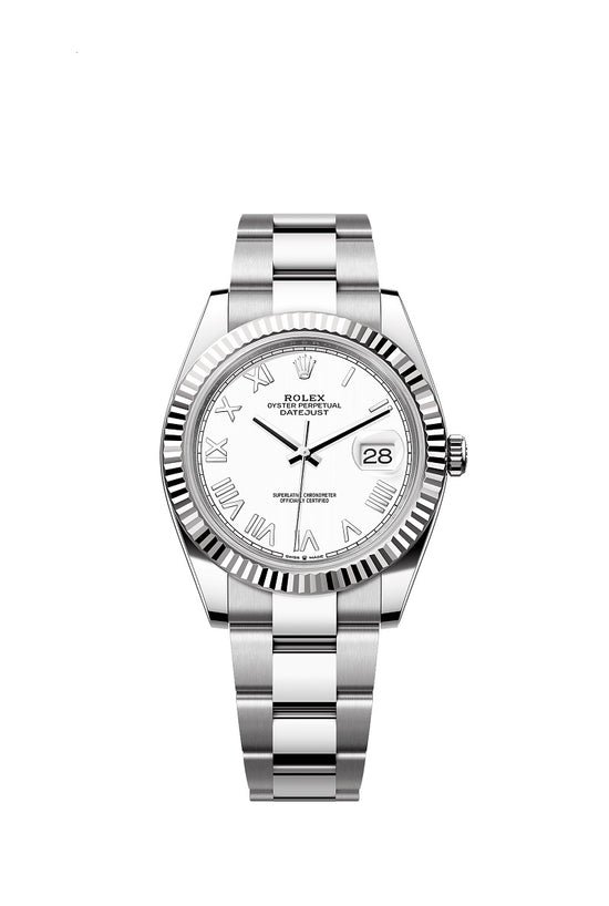 Rolex Replica Watch Datejust 41, Oystersteel and 18k White Gold, Intense white Roman dial, Fluted Oyster, 126334-0035
