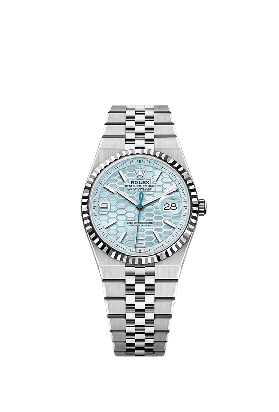 Rolex Replica Watch Land-Dweller 36, Platinum, Ice blue dial, Fluted Flat Jubilee, 127236-0001